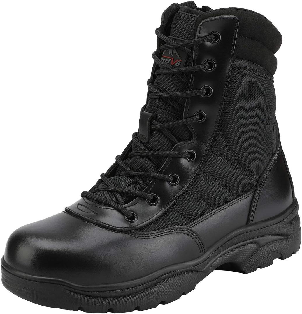 NORTIV 8 Mens Military Tactical Work Boots Side Zipper Leather Outdoor 8 Inches Motorcycle Combat Boots Size 11 M US Trooper, Black-8 Inches