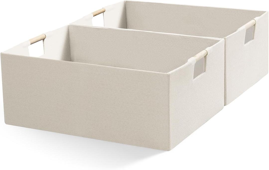 Foldable Fabric Storage Cubes, 2 Packs Cloth Storage Baskets with Wooden Handles, Collapsible Shelf Closet Organizer Bins, Rectangular Storage Boxes for Decor (Beige)