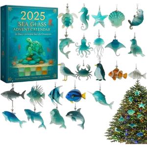 Sea Glass Advent Calendar 2025, 24-Day Christmas Countdown Calendar Featuring Realistic Marine Life Decorations, Sea Glass Marine Life Advent for Kids, Collectors & Ocean Lovers
