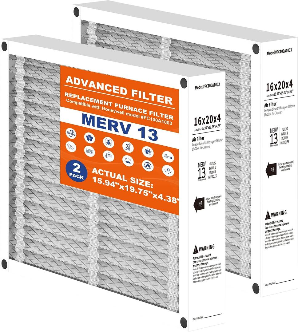 16x20x4 Air Filter Replacement, Compatible with Honeywell FC100A1003, Foldable MERV 13 HVAC AC Furnace Filters, Actual Size: 15.94"x19.75"x 4.38" - 2PACK
