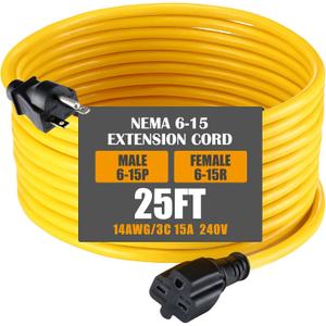 Tellegloww 25ft NEMA 615 Extension Cord 615P Male to 615R Female, 15 AMP Power Cable for 220/240V Air Condition, LED Grow Lights, Digital Ballast Power Cord Heavy Duty 14AWG/3C, 240V, 3750W