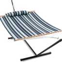 Gafete Large Two Person Hammock with Stand Included Heavy Duty Portable Cotton Double Hammocks with Hardwood Spreader Bar Soft Pillow for Patio Outdoor, Max 475lbs Capacity, (Blue)