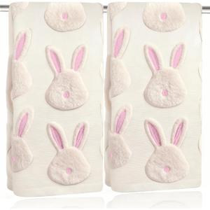 2pcs Easter Bunny Hand Towels Set 100% Cotton Soft Absorbent Spring Bathroom Hand Towels 14x29 Inch Cute Jacquard Easter Kitchen Decor Towels Holiday Kitchen Bathroom Decor Gift(Beige)