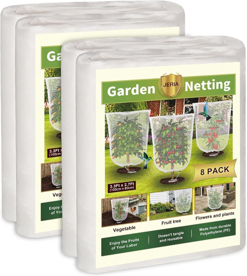 JERIA 8 Pack Insect Barrier Mesh Netting,3.3ft x 2.7ft Gardens Netting with Drawstring,Plants Cover Protection Netting for Blueberry Bushes, Fruit Trees