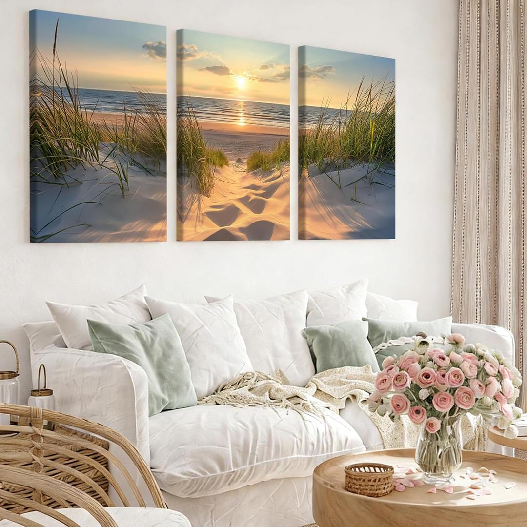 Pennimor 3Pieces Framed Beach Wall Art, Ocean Sunset Wood Wall Decor, Modern Seascape Artwork Printing for Bathroom Bedroom Living Room Home Office Farmhouse 12x16in