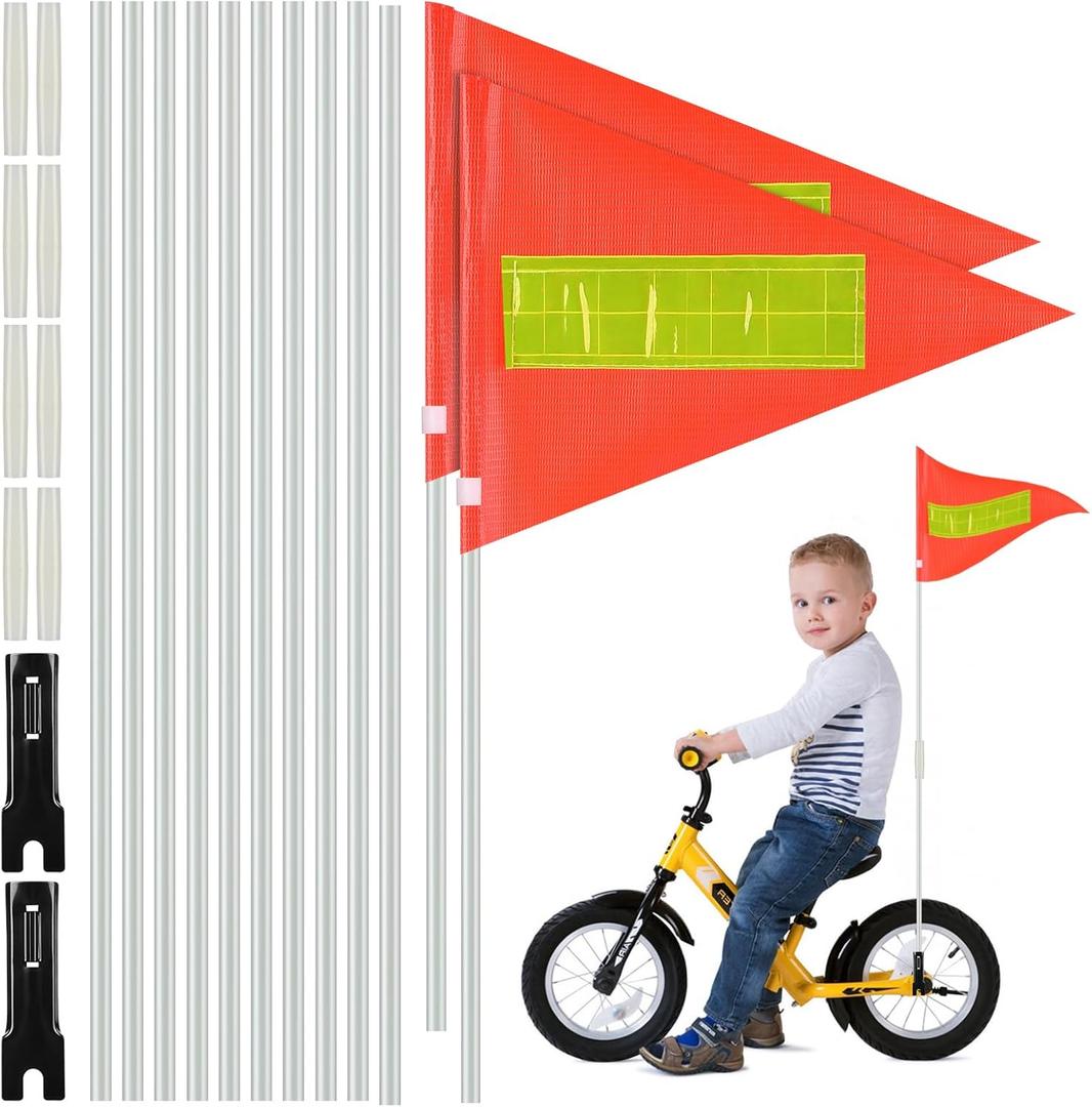 2 Sets Bike Flags with Pole, 6 Ft Safety Reflective Flags with Pole for Kids and Adult, Adjustable Heavy Duty Fiberglass Flag Pole, Tear-Resistant & High Visibility Orange Safety Flag for Cycling