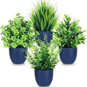 Der Rose 4 Pack Fake Plants Small Artificial Plants in Blue Pots Faux Plants Indoor for Home Kitchen Table Blue Bathroom Decor Accessories