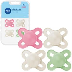 MAM Original Start Baby Pacifiers 0-3 Months, BPA-Free Skin Soft Silicone Nipple, Glows in The Dark, Developed with Medical Experts Specially for Smaller Newborn Mouths, 4 Pk, Made in Europe (4 Count (Pack of 1), Rose Pink/Peppermint Green/Linen)