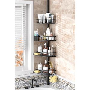 Tension Pole Shower Caddy Corner: Adjustable 4tier Bathroom Organizer Shelves - Rustproof Bathtub Shampoo Rack 43.5-120 inch (Matte Black)