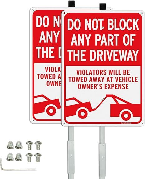 T&R Large Do Not Block Any Part Of The Driveway Sign with 36" Stake for Outside - 2 Pack - 14"x10" .040 Rust Free Heavy Aluminum, Reflective, 6 pre-drilled holes,Includes Matching Screws & Wrench, Easy to Mount