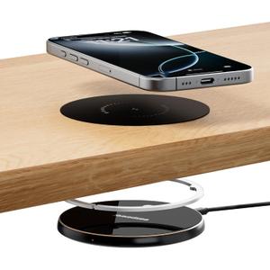 Eazpower Invisible Wireless Charger, 0-30mm Under Desk Wireless Charger, Dual Uses On or Hidden Under Table Charging Pad for Nightstand for iPhone 17/17 Pro/17 Pro Max/17 Air/16/15/14/Samsung Phone (Black)
