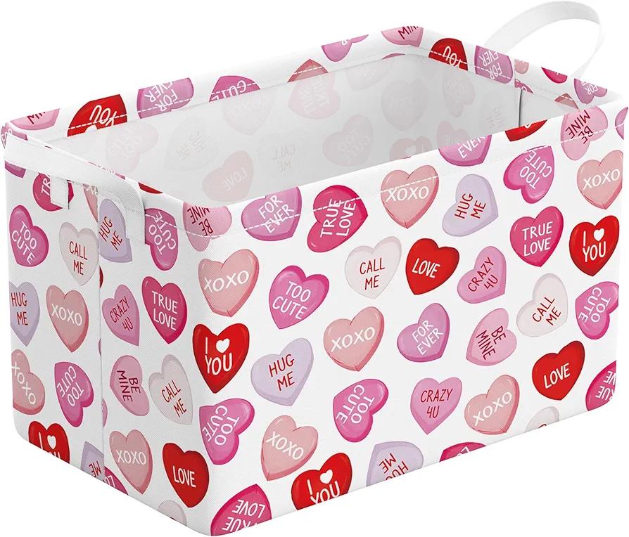 Valentine's Day Basket Colorful Love Hearts Storage Basket with Handles Foldable Valentine's Day Gift Bin Box Container Organizer for Home Office Living Room Decor (Pink)