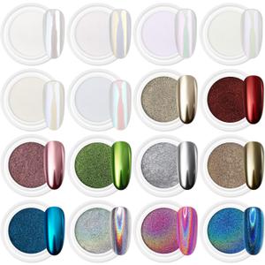 Artdone 8Jars Chrome Nail Powder Magic White Pearl Kit Mirror Effect Silver Metallic Holographic Dip Nail Powder for Resin Craft & Nail Art Fimo, Decoration Iridescent Aurora Mermaid Pigment
