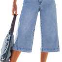 GRAPENT Capri Jeans for Women Wide Leg Trendy High Waisted Side Seam Stretchy Denim Capris Pants Summer Casual Jeans (Blue), X-Large