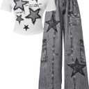 SOLY HUX Girl's Y2k Clothes Star Graphic Crop Top and Baggy Pants Grunge 2 Piece Outfit Streetwear Black and White 12Y