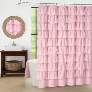 Extra Long Shower Curtains 84 Inch Pink Ruffle Shower Curtains for Bathroom, Farmhouse Fabric Cute Ruffled Chic Shower Curtain, 72" W x 84" L