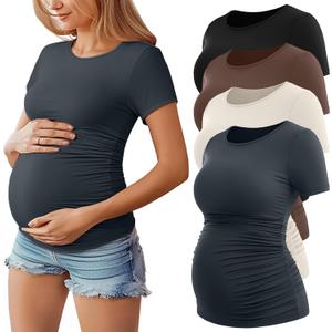 Huukeay 4 Pack Women's Maternity Shirts, Crew Neck Maternity Top Short Sleeve Casual Cotton Tee Side Ruched Pregnancy Clothes (Medium, Black, Dark Gray, Cream, Coffee)