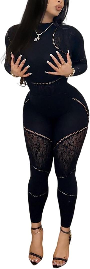 Women's Sexy Seamless Jumpsuit 2 piece outfit, Mock Neck Long Sleeve Bodysuit with Snap Crotch and Leggings Set (Black)