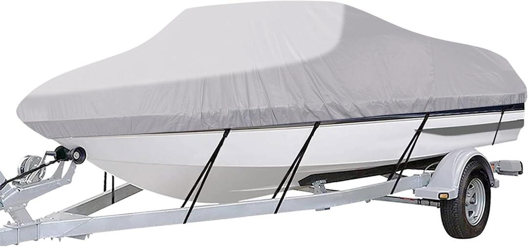 iCOVER Trailerable Boat Cover- 17'-19' Heavy Duty Waterproof Tarp Covers with Storage Bag, Fits V-Hull, Fish&Ski, Pro-Style, Fishing, Runabout, Bass Boats, up to 17ft-19ft Long X 96" Wide (D:17'-19' Long,Beam Width up to 96", Silver)