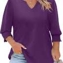 Rapbin Womens Plus Size Tops 3/4 Sleeve Blouses Shirts Casual V Neck Loose Tunic Tops , 4XL (Purple)