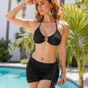 Bikini Sets for Women Swimsuits High Waisted Textured, 3 Piece Womens Bathing Suits Tummy Control with Skirt (Black, M)