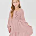 Batermoon Girls Long Sleeve Square Neck Casual Boho Smocked Short Dresses 5-14 Years