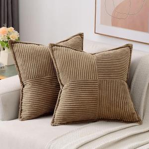 HAUSSY Brown 2 Pack 26x26 Inch Corduroy Decorative Throw Pillow Covers Boho Natural Solid Striped Cushion Cover Modern Farmhouse Home Decor for Couch Living Room Sofa Bed