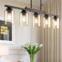 Amico Dining Room Light Fixture 5-Light Kitchen Island Lighting with Adjustable Rods, Farmhouse Decor Black Metal & Wood Chandelier with Seeded Glass Shade, Island Lights for Kitchen