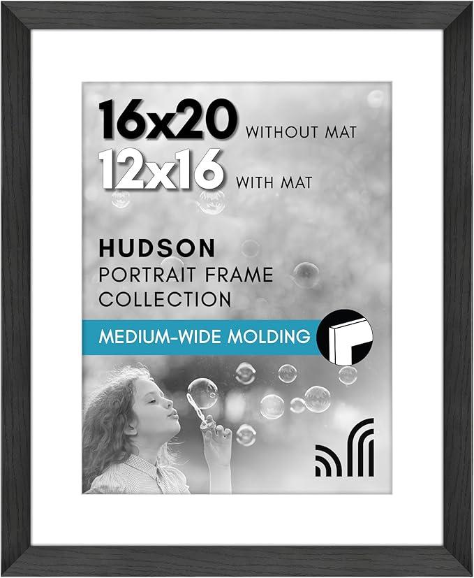 Americanflat 16x20 Picture Frame with Polished Plexiglass - Use as 12x16 Frame with Mat or Display 16x20 Photo Without Mat - Hudson Collection - Wide Picture Frames for Wall Display - Black
