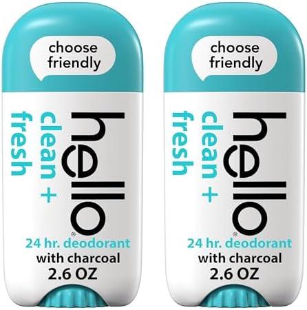 hello Clean and Fresh Aluminum Free Deodorant for Women and Men with Charcoal, 24-Hour Freshness, Baking Soda Free Deodorant, Dermatologically Tested, 2.6 oz Stick (2 Pack)