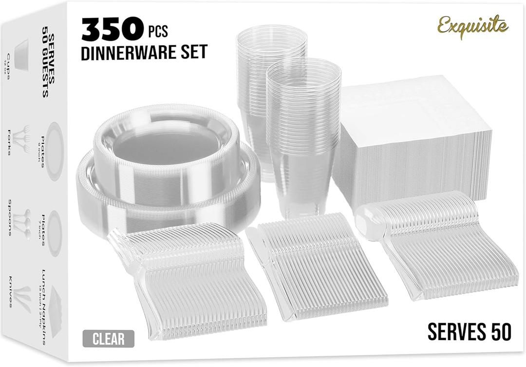 350 Pcs Clear Plastic Plates For Party, Clear Disposable Plates Set, 50 Of Each 9" Dinner Plate Set, 7" Dessert Plate, Cups, Napkins & Cutlery Plastic Dinnerware Set Exquisite