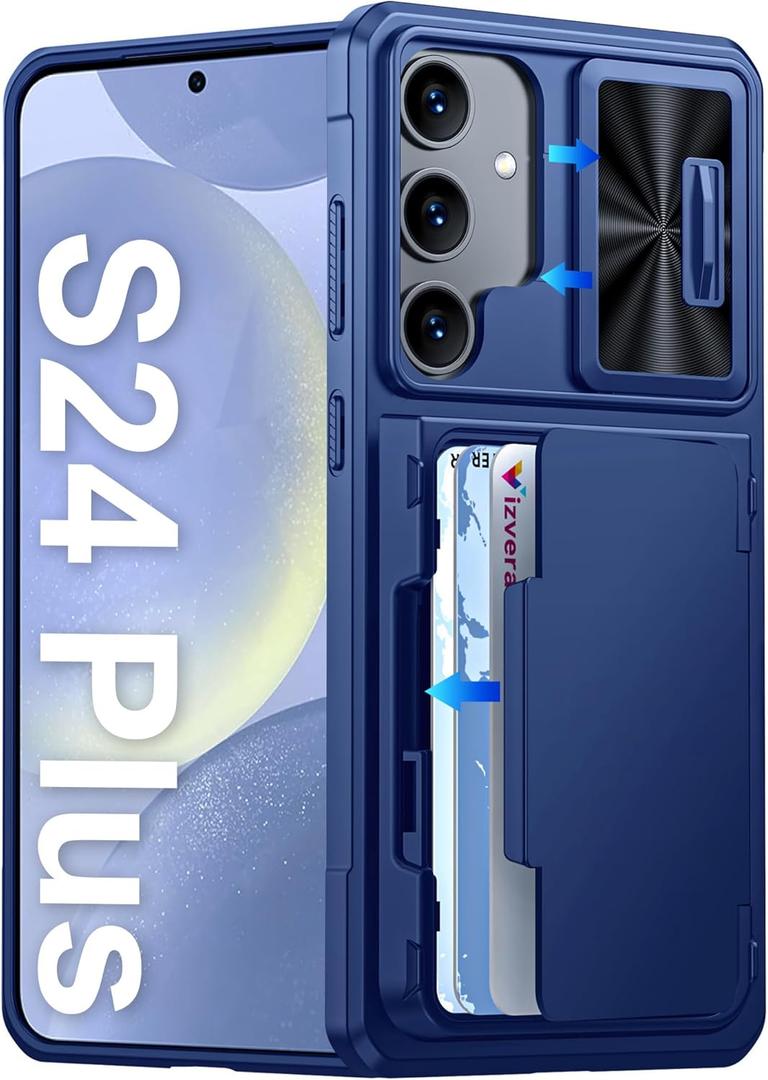 Vizvera for Samsung Galaxy S24+Plus Case Wallet, RFID Cards Holder & Camera Cover & Kickstand for Women Men, Full Body Rugged Shockproof Silicone Case for S24+Plus 6.7" 2024(Blue)