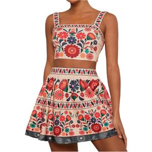 MakeMeChic Women's 2 Piece Vacation Outfits Floral Shirred Tank Top and A Line Mini Skirt Sets (Multicolor, XL)