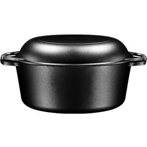 Bruntmor Pre-Seasoned Cast Iron Double Dutch Oven with Skillet Lid - 7 Quart All-in-One Casserole and Braising Pan - Heavy Duty and Oven Safe Black Cookware for Versatile Cooking - 14.7 x 6.9 Inches