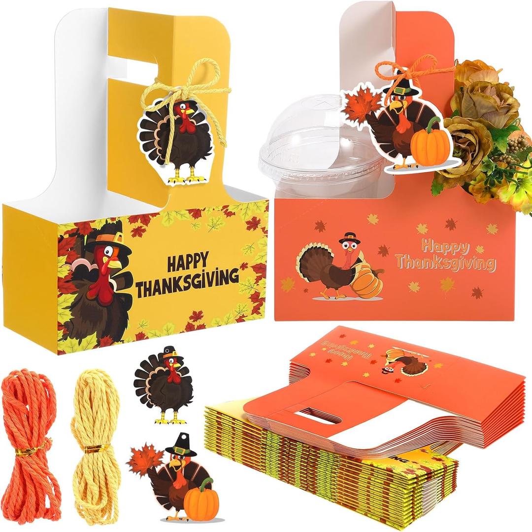 TaoBary 30 Set Thanksgiving 2 Cup Drink Carrier with Handle Portable Foldable Tray Drink Holder Yellow Orange Disposable Cardboard Coffee Cup Holder with Pumpkin Maple Leaf Cards, Thanksgiving Gifts
