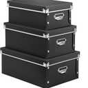 SEEKIND Storage Box, Decorative Storage Bins with Lid,3 in 1 Set,Plastic,with Handles,Press-Stud Fastening,Moisture-proof,Foldable for Space Saving Storage,for Clothes,Cosmetic,Blankets (Black)