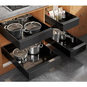 Seinloes 4 Pack Expandable Pull Out Cabinet Organizer 21"Deep With Raising Pad for Framed Cabinets,Upgrade 3 Slide Rails Slide Out Drawers,No Drill Roll Out Shelves,Adjustable Width 9"-14" Black