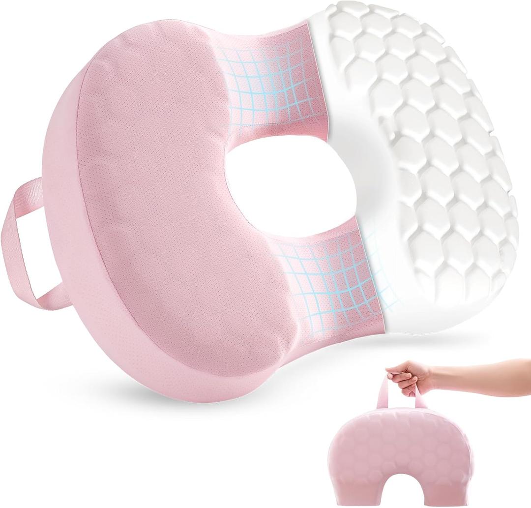 Portable Donut Pillow, Doughnut Pillow for Tailbone Pain, Non-Slip Removable Cover, Hemorrhoid Cushion for Postpartum Sciatica, Memory Foam Seat Cushion, Pink