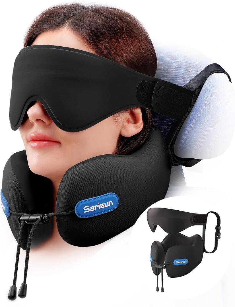 SARISUN Neck Pillow Airplane,Travel Pillow with Strap,Combo 3D Eye Mask for Sleep,Dual-Density Supportive Foam Travel Neck Pillow for Airplane Flights,Car Road Trip Travel Essentials Black
