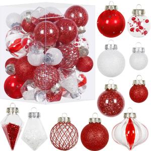 Christmas Ball Ornaments Set, 34PCS Clear Plastic Shatterproof Christmas Ornaments for Xmas Tree Hanging Decorations, for Indoor Home Valentine's Day Thanksgiving Party Decor - Red/White