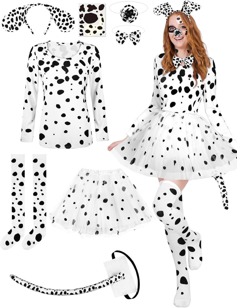 AOTHSO 8 Pcs Halloween Dalmatian Dog Costume Set for Women Long Sleeve Shirt Headband Tutu Skirt Knee High Socks Tie Sticker (Small)