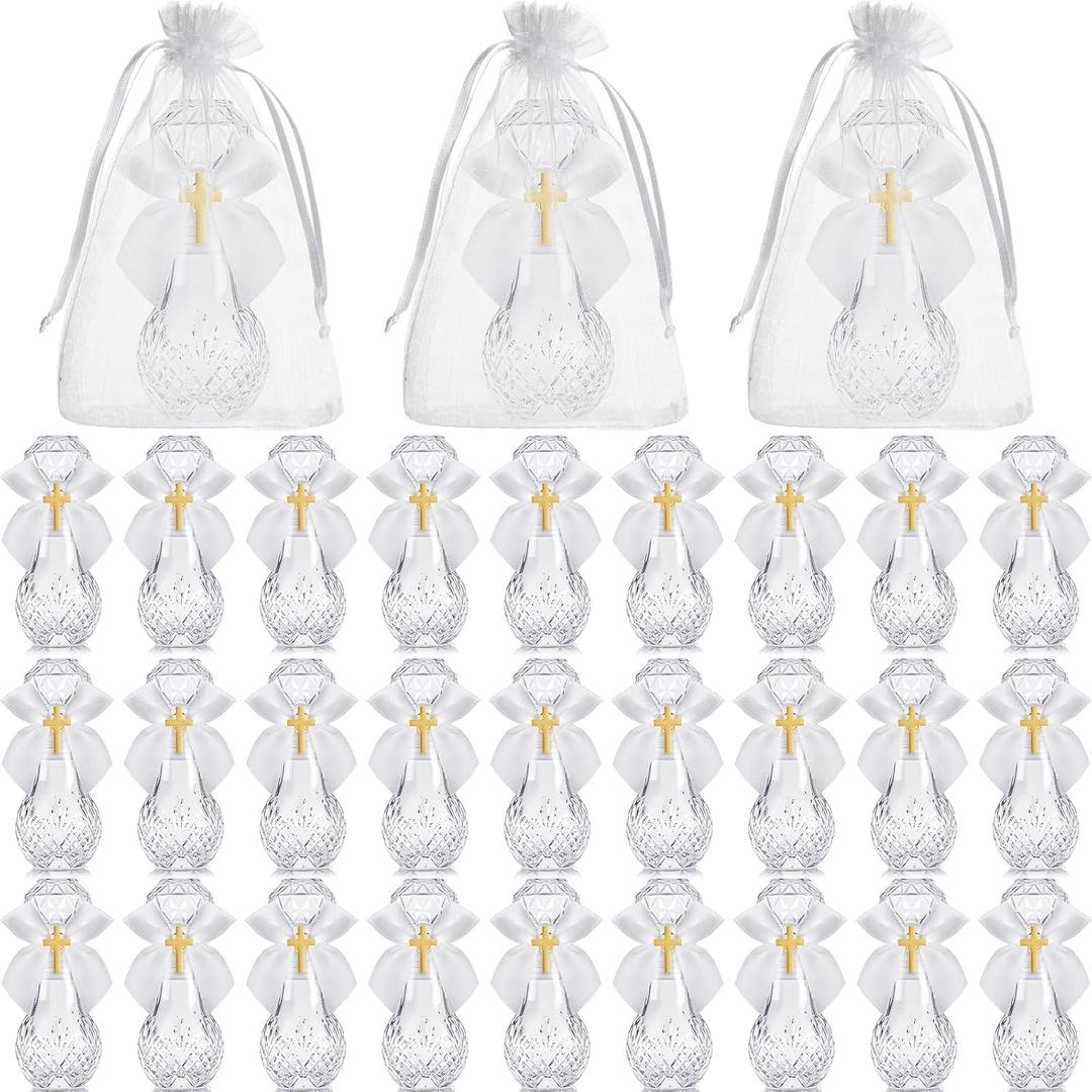 Chuangdi 30 Set Holy Catholic Water Bottles Bulk 50ml Christian Water Container Empty Glass Bottle with Cross Lapel Pin Organza Bag Ribbon Bow for Holy Communion Church Baptism Party Favor (Vintage)