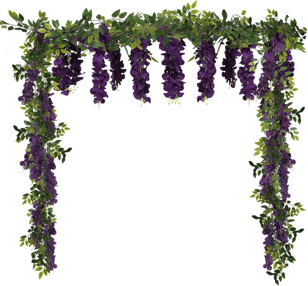 Purple Wisteria Garland Artificial Flowers 2PCS 5.91FT/Piece Fake Wisteria Dark Purple Artificial Wisteria Vine Rattan Silk Hanging Flowers for Wedding Arch Garden Floral Decor (Dark Purple)