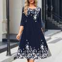 Zeagoo 3/4 Sleeve Women's Dress Casual Flowy A-Line Midi T-shirt Dresses with Pockets Crewneck Vocation Boho Beach Sundress (Blue, L)