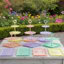 Pack of 11 NWK Cake Stand Set, with 3 x Two-Tier and 3 x Three-Tier Cupcake Stands, 4 x Appetizer Trays, 1 x Tablecloth for Birthday Bridal Baby Shower Party (Colorful)