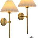 Battery Operated Wall Sconces Gold Set of Two with Remote,Rechargeable Wall lights with Timer,Indoor Non Hardwired Wall Lamp Light Fixtures Brass With Fabric Shade for Bedroom Living Room Bathroom