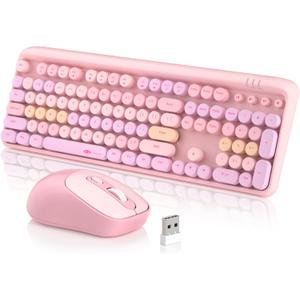 MageGee V920 Wireless Keyboard and Mouse Combo, 2.4G Full-Sized Retro Typewriter Keyboard with Round Keycaps & Auto-Sleep Mode, Cute Computer Keyboard and Cordless Optical Mouse for Laptop/PC (Pink)