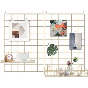 Grid Wire Board,for Memo Picture Panel Wall Decoration for Room Office Mat Photo Hanging Art Display Frames Desk Storage Organizer,17.3" x 11.8"(2Pack) (Gold)