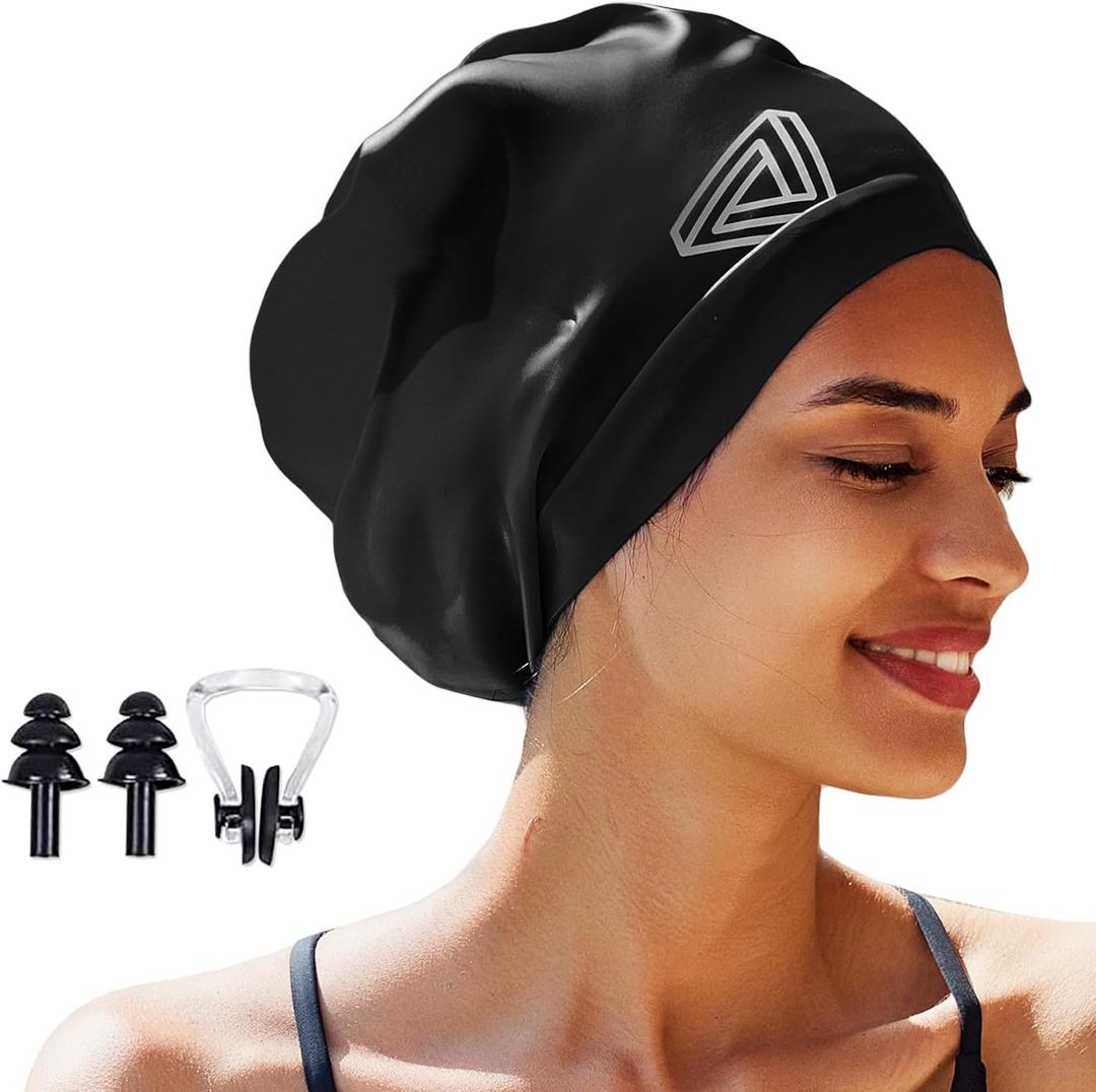 2 x Large Swimming Cap, Suitable for Men and Women, Specially Designed Swimming Cap, Suitable for Very Long and Thick Curly Hair and Braids, Keep Hair Dry (Black, L)
