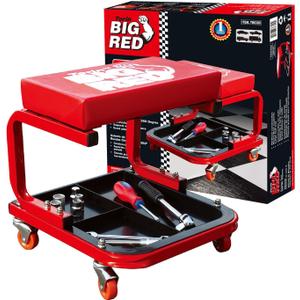 Big RED Torin 260lbs Red Rolling Automotive Creeper Garage/Shop Seat: Padded Mechanic Stool with Tool Large Tray for garages, Repair Shops